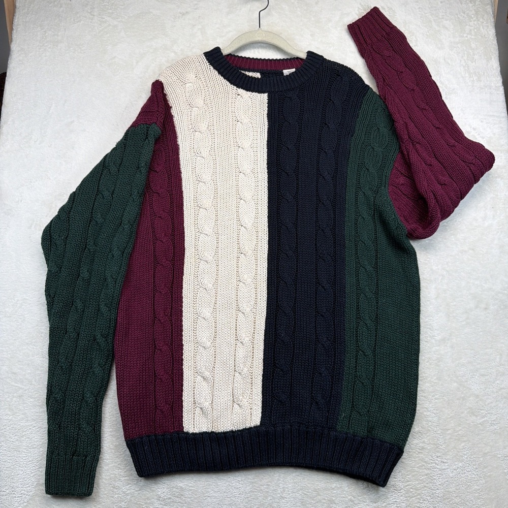 Men's Sweater Cable Knit Colorblock Crewneck XL Vintage 90s Preppy Pullover